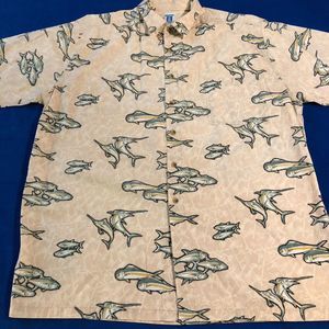 Men's Hook & Tackle Marlin Fish Cream Button Down Pocket Short Sleeve Size XL